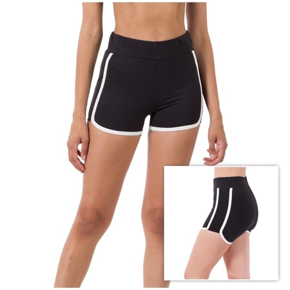 ❤️‍🔥Athletic Sporty Elastic Waist Contrast Trim Dolphin Hem Shorts Black 1022 - Picture 1 of 4